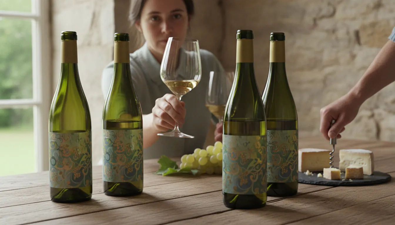 Selection of aromatic white wine bottles including Riesling and Gewürztraminer on a wooden table