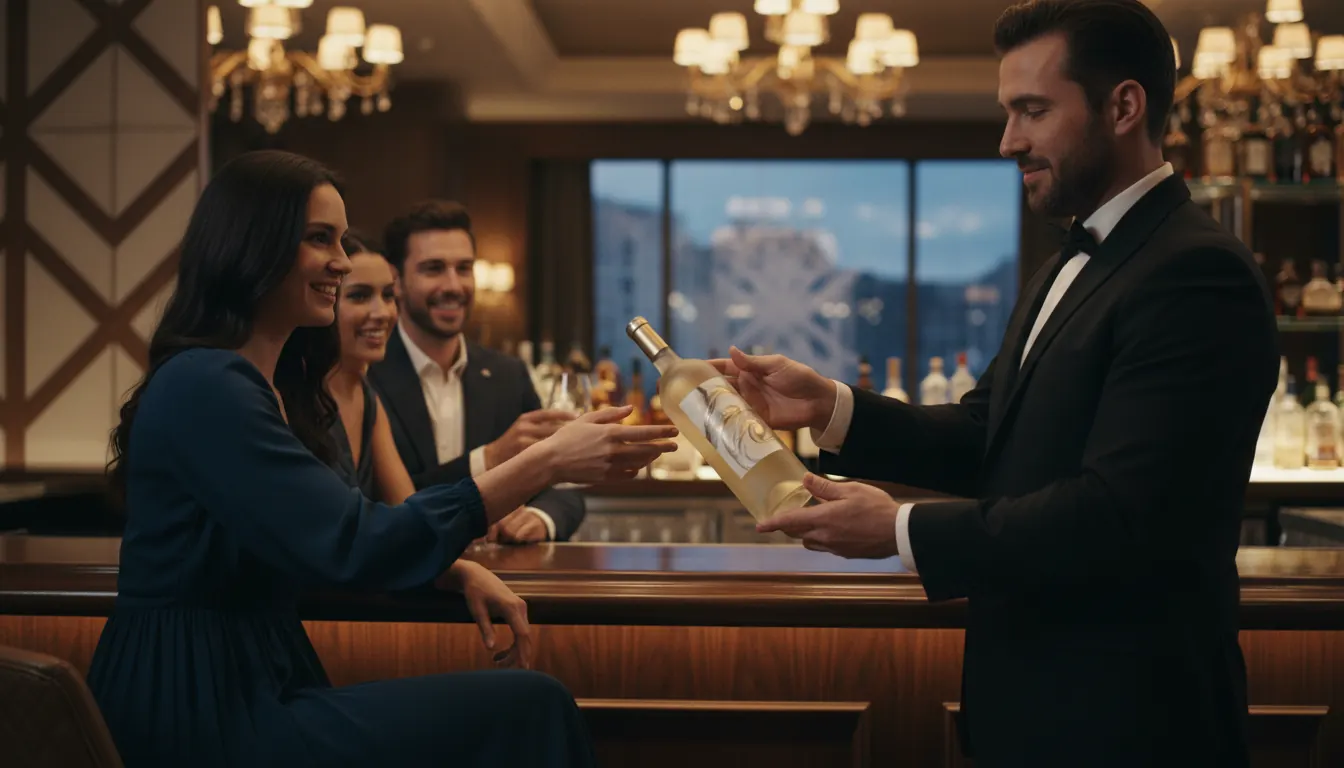 Professional bartender in formal attire presenting a bottle of white wine to guests at an upscale casino bar