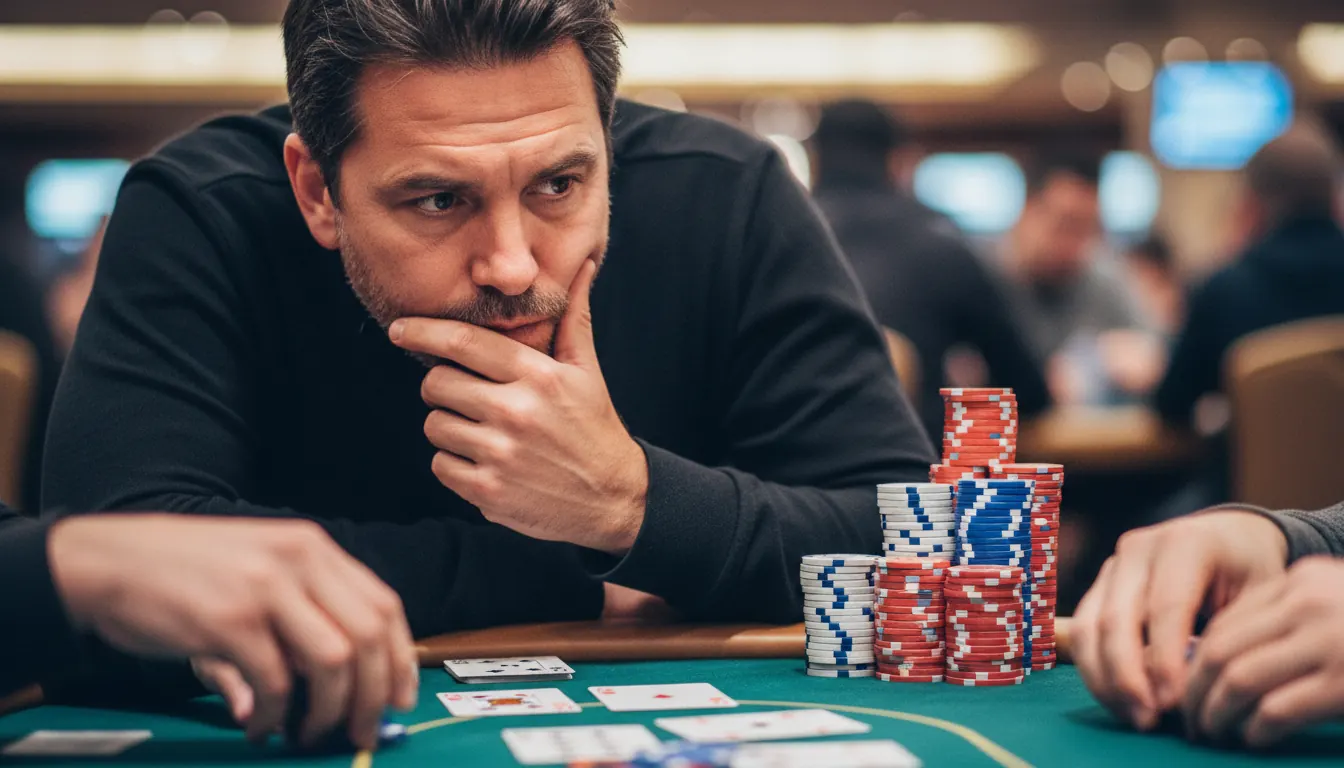 Professional poker player contemplating strategy at a green felt casino table with stacked chips