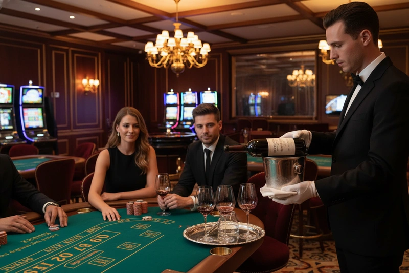 Elegant wine service in upscale casino gaming room