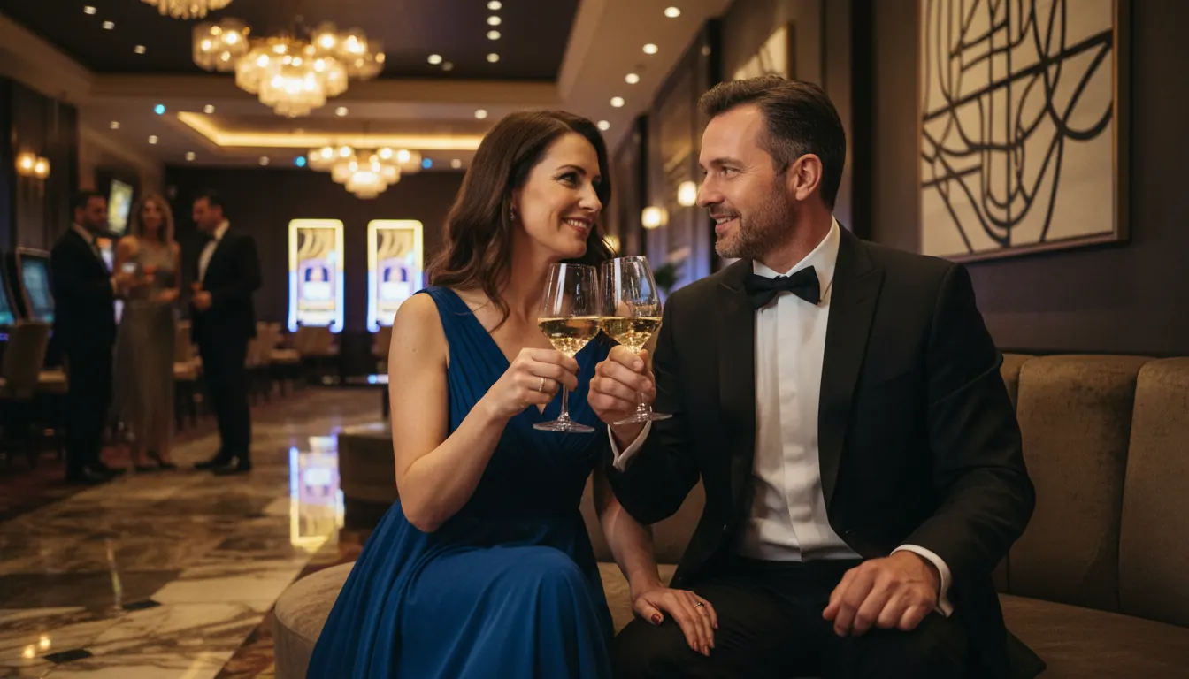 Elegant couple enjoying glasses of white wine together in a luxurious casino lounge during evening hours