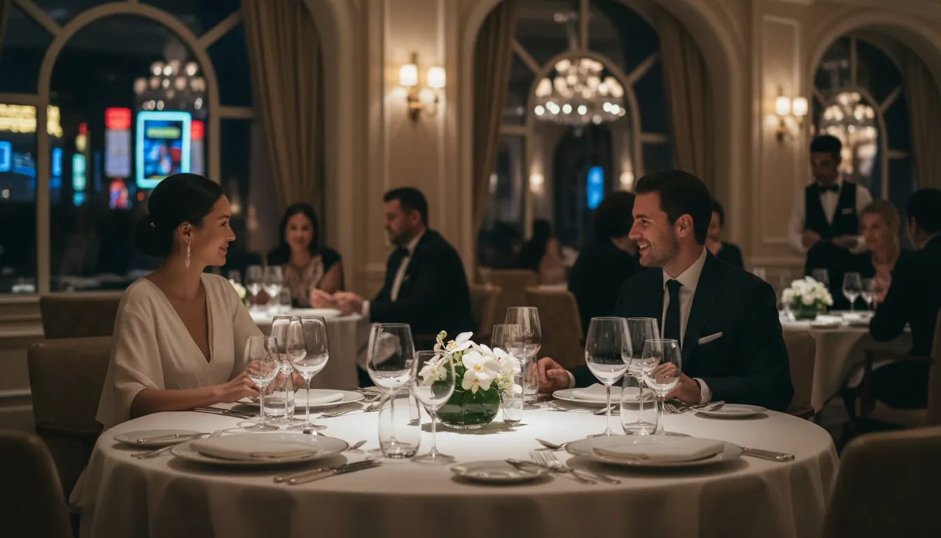 Upscale casino restaurant with wine glasses and fine dining table settings