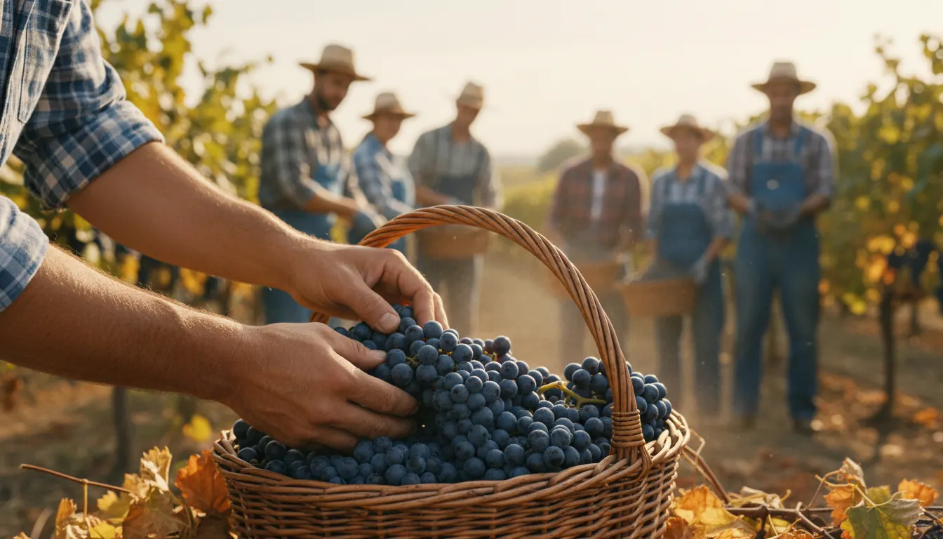Hands carefully harvesting ripe wine grapes into basket
