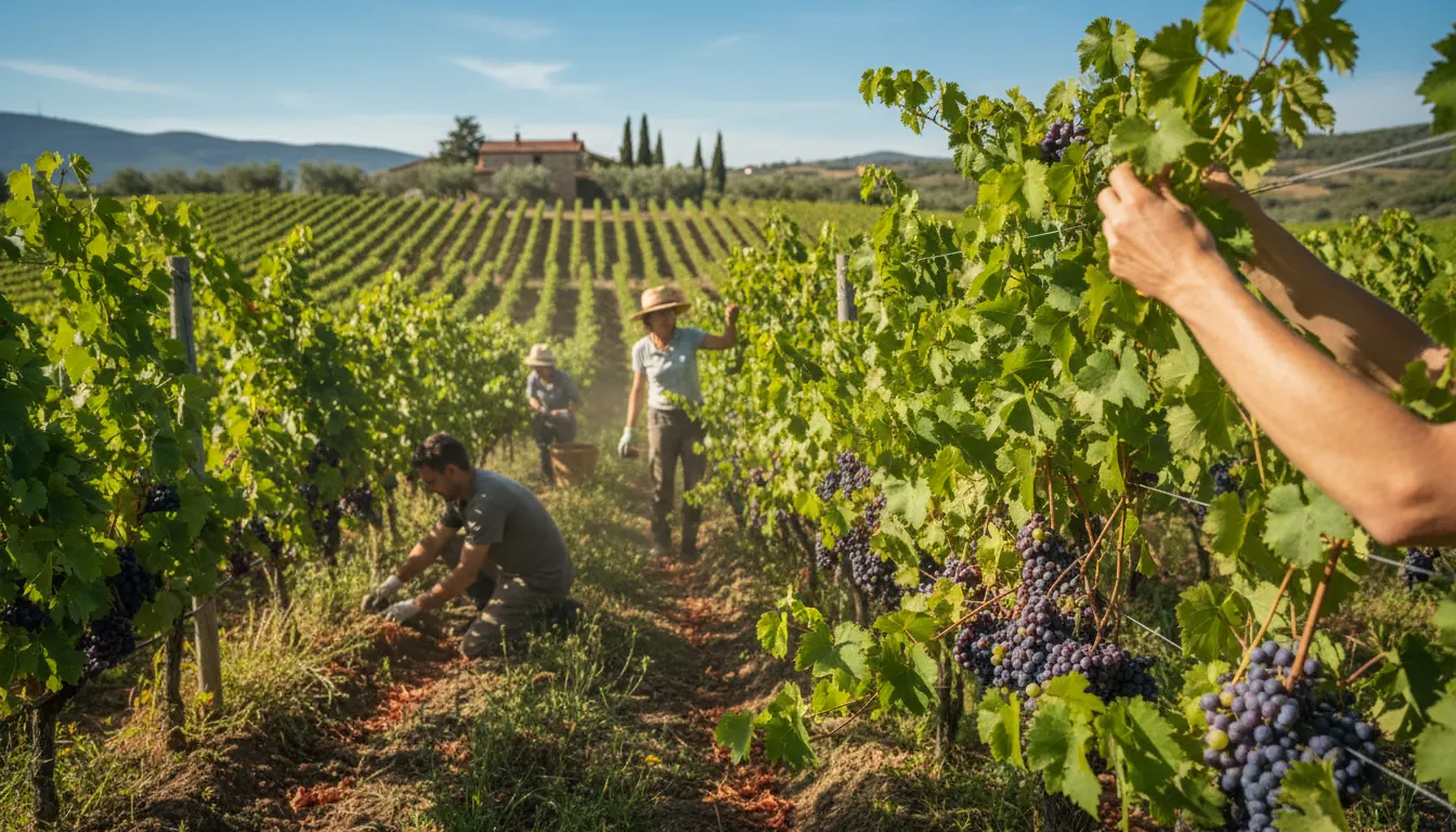 Organic vineyard with healthy grape vines growing in natural sunlight