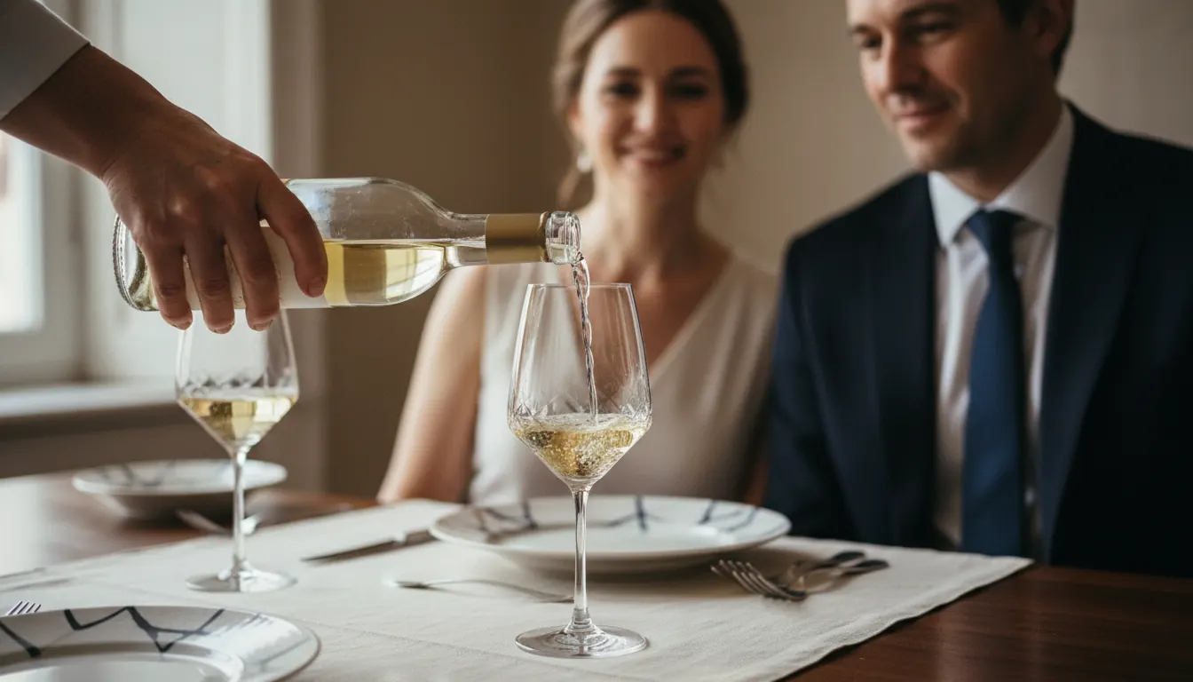 Professional sommelier carefully pouring white wine into a crystal glass at an elegant dining table