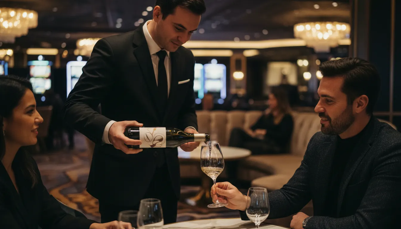 A sommelier pours white wine for guests in an elegant high-end casino lounge
