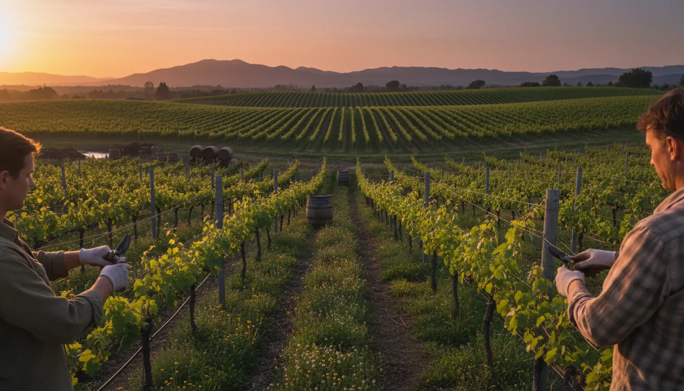 Rows of grapevines in a sustainable vineyard at sunset
