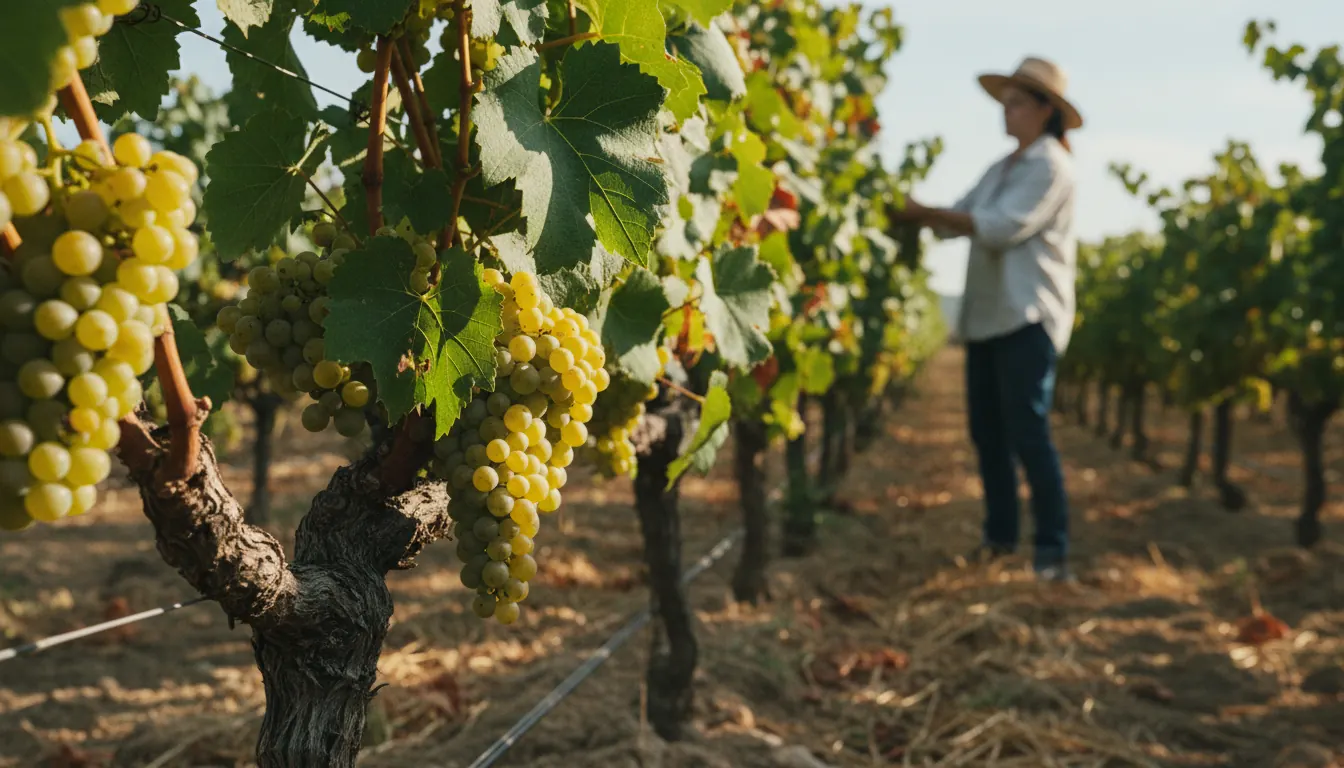 Viognier white wine grapes growing on vineyard vines