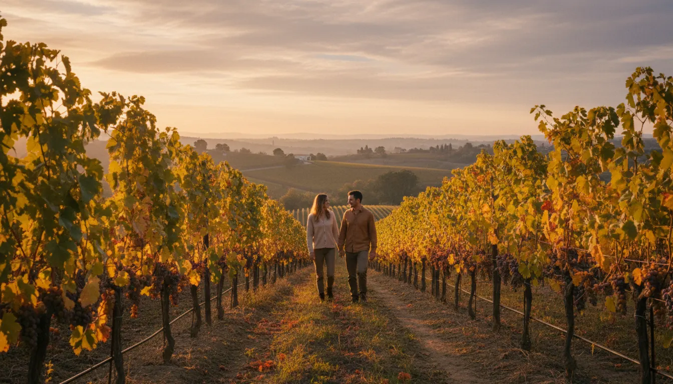 Golden hour sunlight illuminating rows of Viognier grapevines in a hillside vineyard