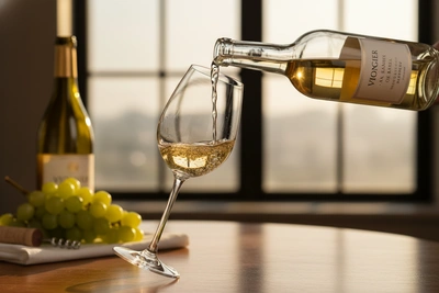 Viognier white wine being poured into elegant stemware