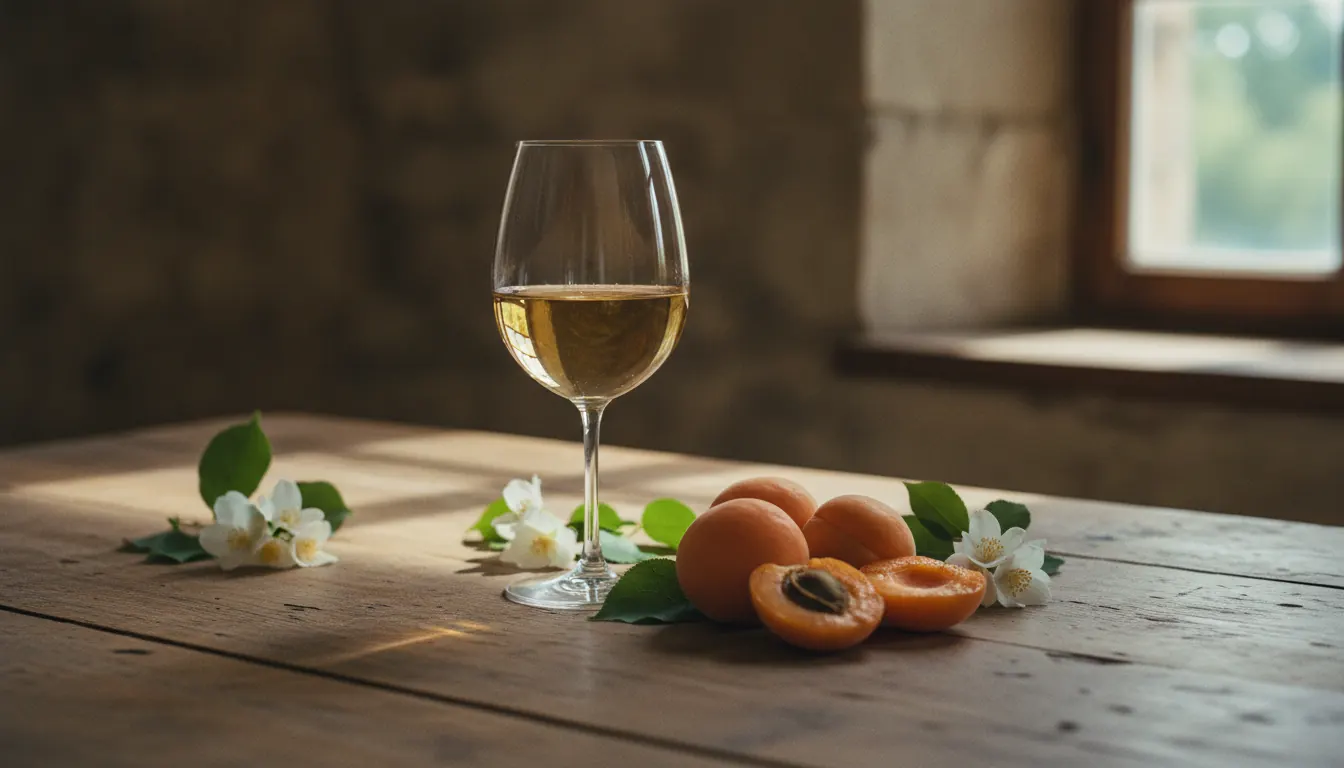 Glass of golden Viognier wine beside fresh apricots and white flowers on a rustic wooden table