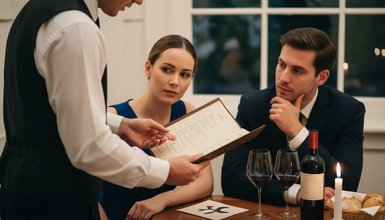 Restaurant waiter presenting wine menu and discussing options with dining guests