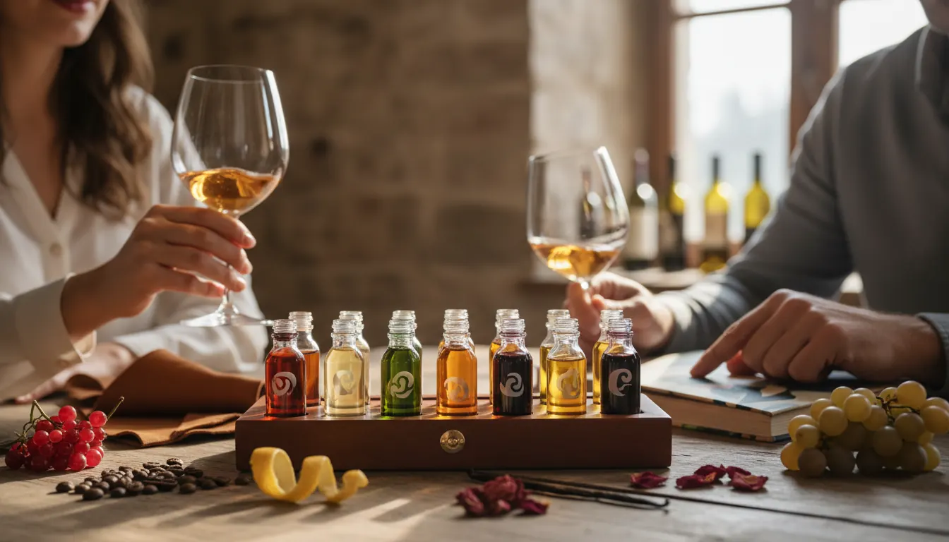 Wine aroma kit with multiple small bottles containing different scent samples