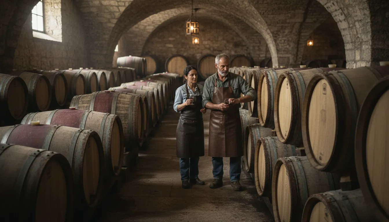 Oak wine barrels aging in traditional cellar