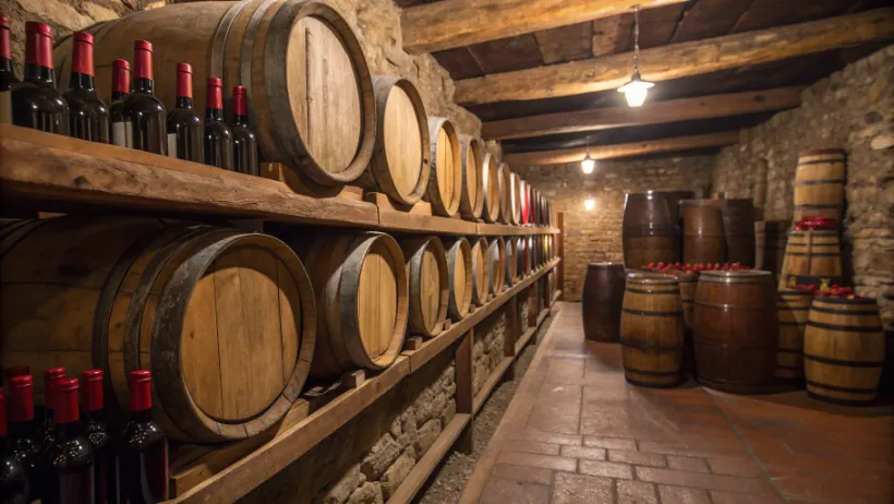 Red wine bottles and wooden oak barrels in traditional wine cellar