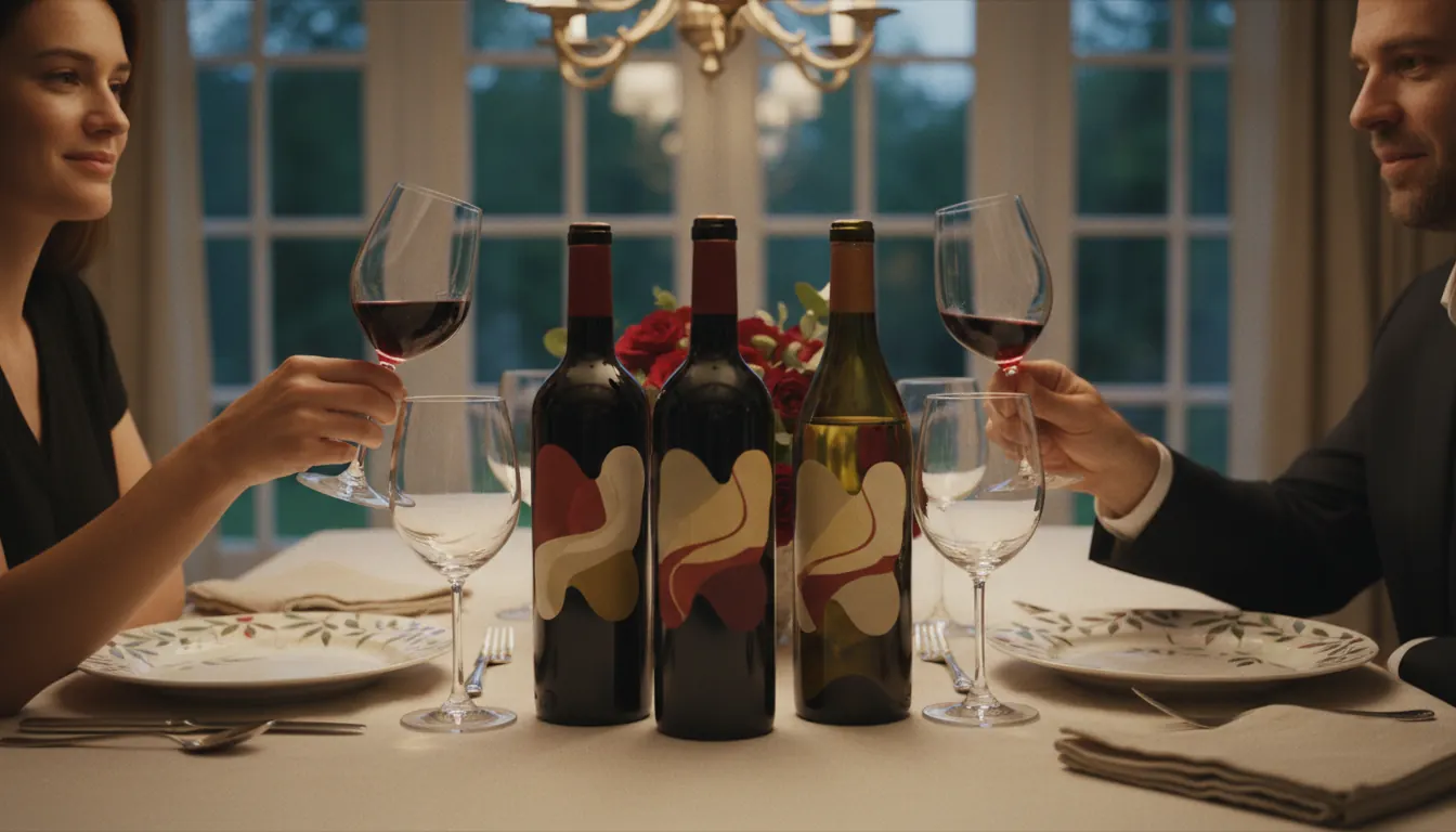 Wine bottles and glasses arranged on elegant dinner table setting