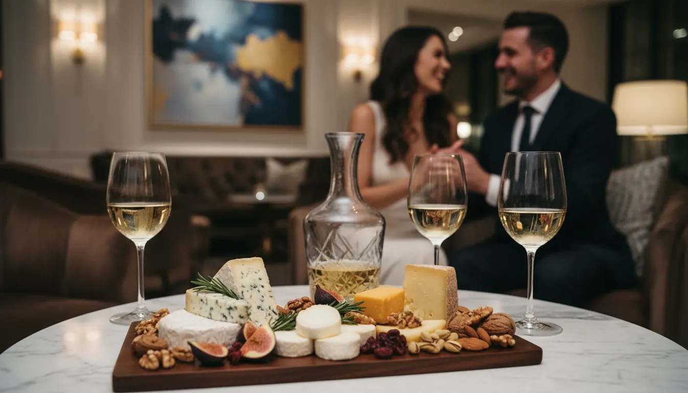 Elegant cheese and nut platter paired with white wine glasses on a marble table in a sophisticated lounge
