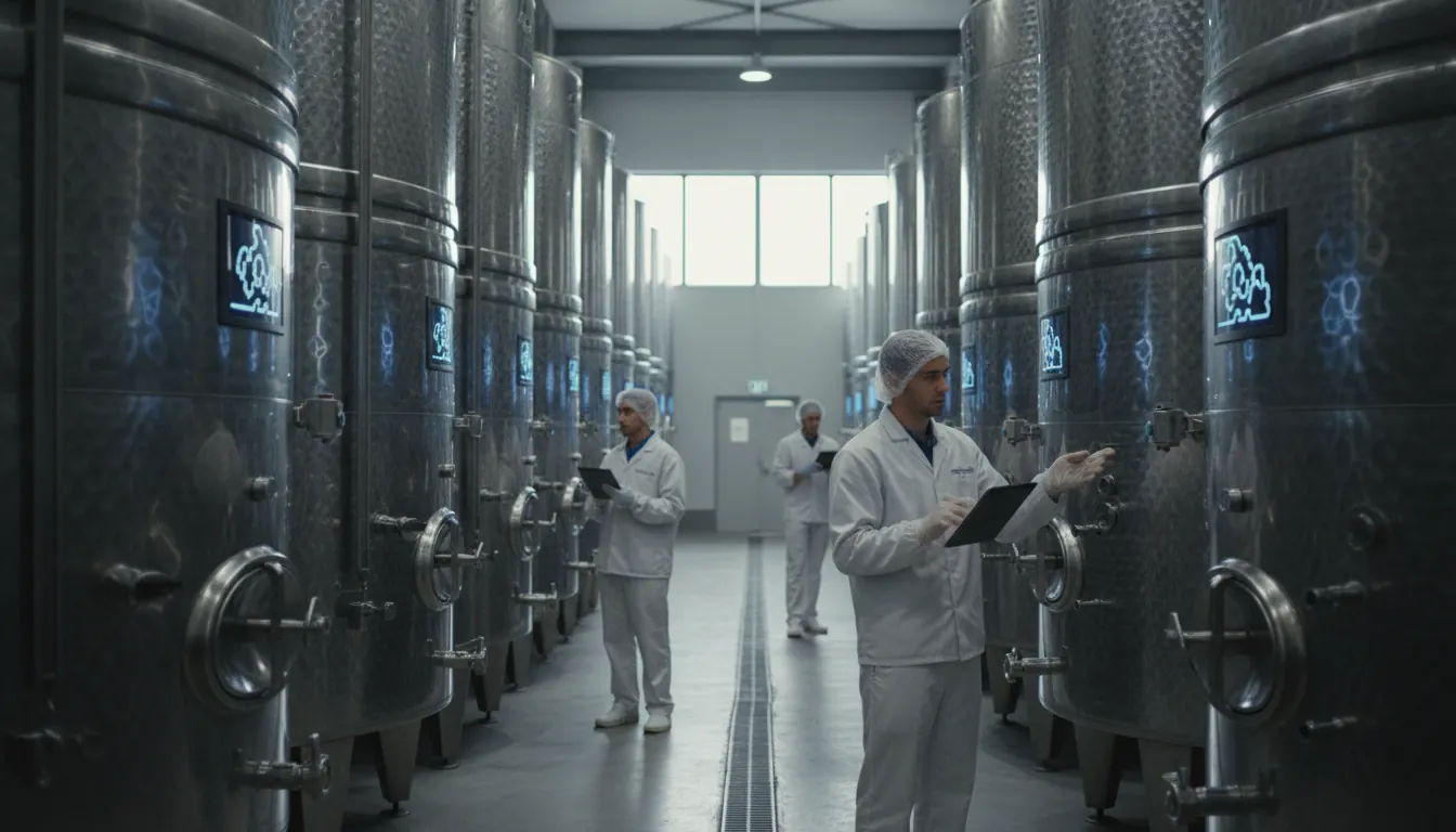 Stainless steel wine fermentation tanks in modern winery with temperature controls