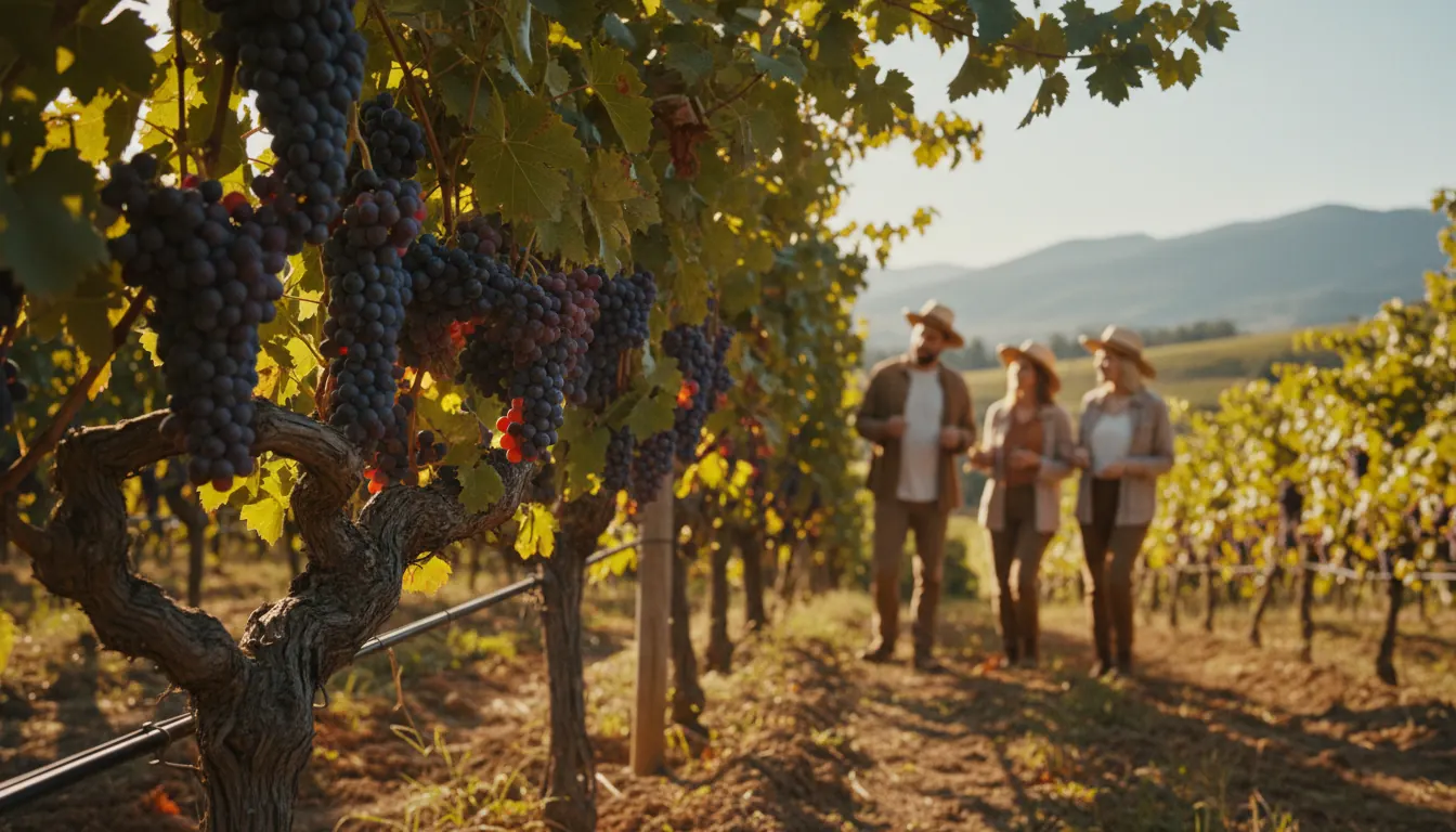 Clusters of wine grapes hanging on vines in a vineyard