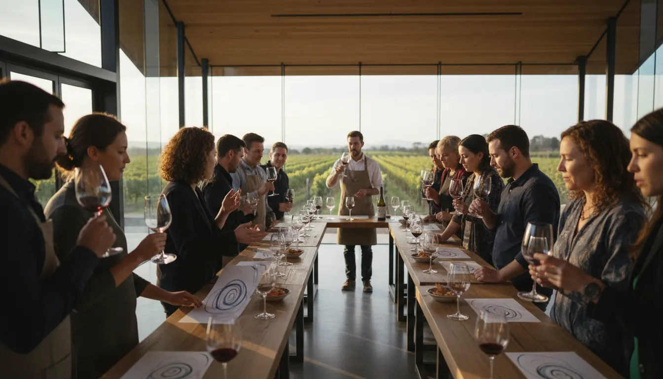 Group of people participating in an interactive wine tasting event at a modern winery