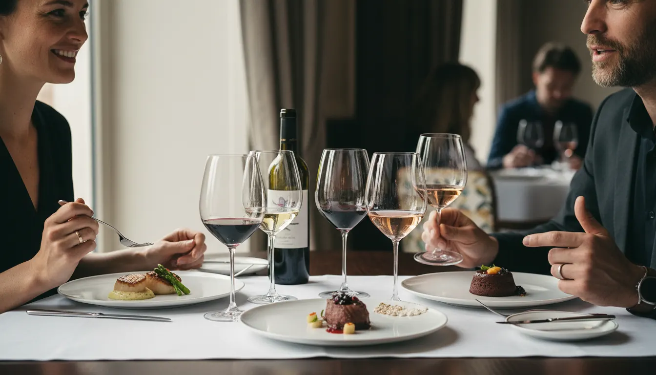 Wine and food pairing experience at elegant restaurant table with multiple courses
