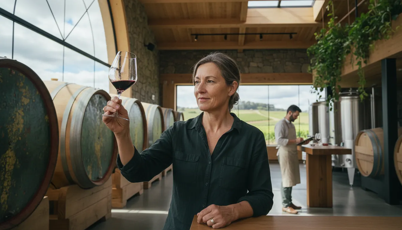 Winemaker testing wine quality in modern sustainable winery