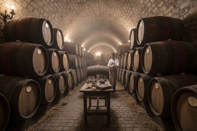 Oak barrels in wine cellar for aging premium wines