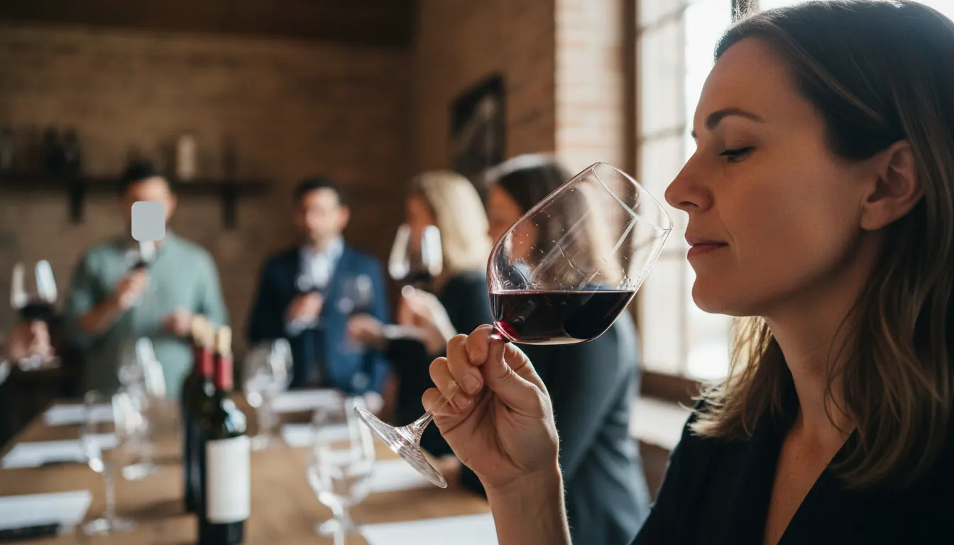 Woman smelling red wine from a glass during a wine tasting session