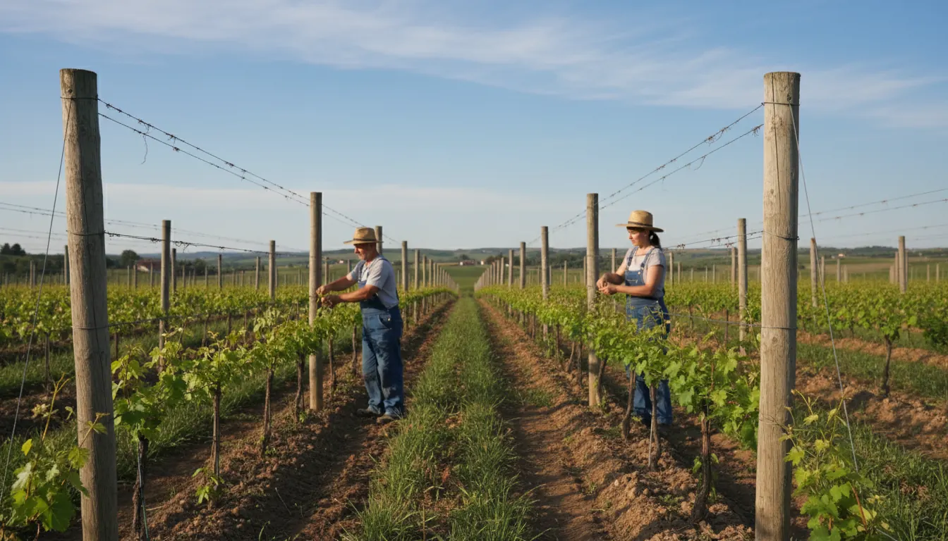 Young grapevines planted in rows with support systems